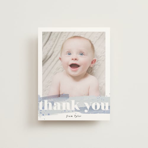 This is a aqua wedding thank you cards with standard by Alethea and Ruth called painted splash name printing on signature in standard