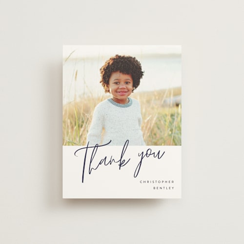 This is a navy baby thank you cards with standard by Pixel and Hank called forever love printing on signature in standard