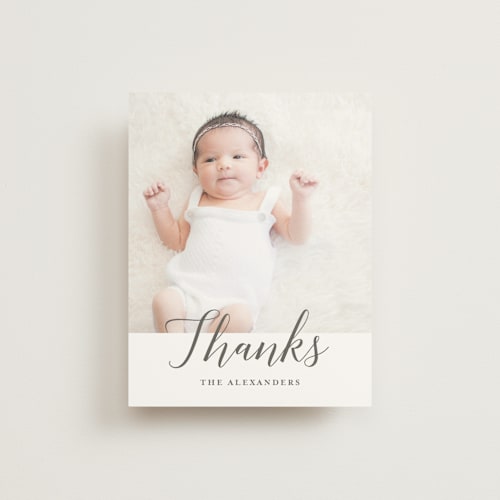 This is a smoke wedding thank you cards with standard by Genna Blackburn called big script printing on signature in standard