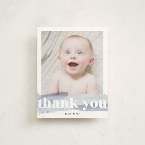 This is a aqua baby thank you cards with standard by Alethea and Ruth called painted splash name printing on strathmore in standard