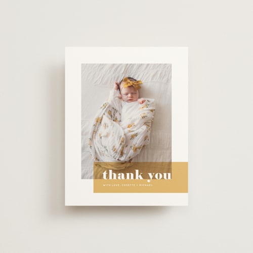 This is a marigold baby thank you cards with standard by Maria Hilas-Louie called magazine block printing on strathmore in standard