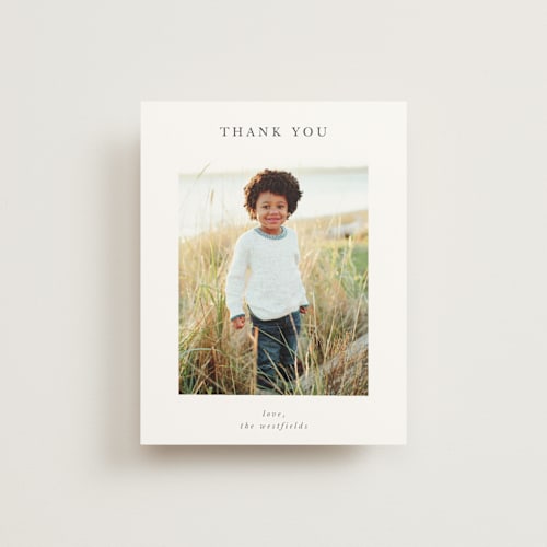 This is a charcoal baby thank you cards with standard by Lisa Assenmacher called with full hearts printing on strathmore in standard