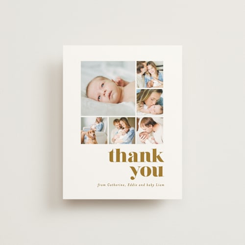 This is a golden baby thank you cards with standard by Ana Sharpe called bold arrival printing on strathmore in standard