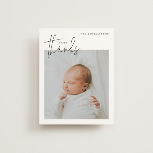 This is a onyx baby thank you cards with standard by Lindsay Stetson Thompson called overjoyed script printing on strathmore in standard