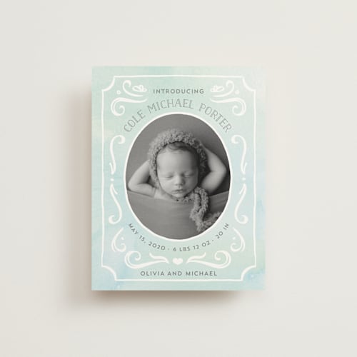 This is a robin's egg birth announcements with standard by JeAnna Casper called ornate frame printing on signature80 in booklette