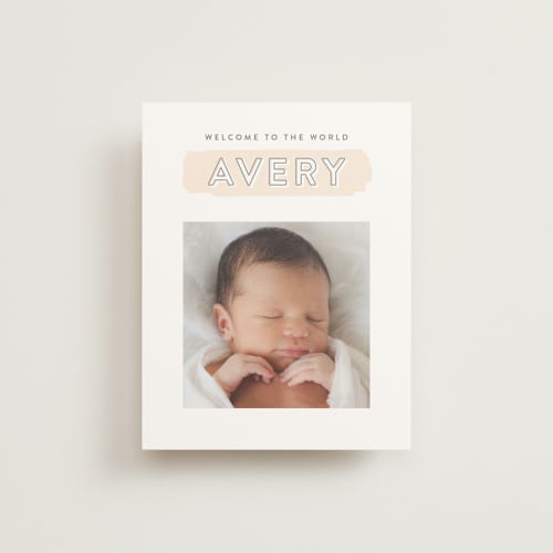 This is a soft peach birth announcements with standard by Hooray Creative called the trio printing on signature80 in booklette