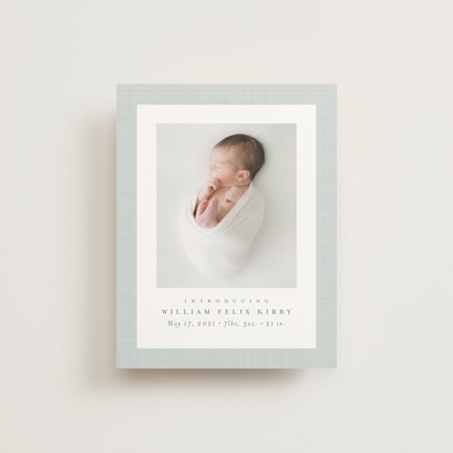 This is a powder birth announcements with standard by Lea Delaveris called linen frame printing on signature80 in booklette