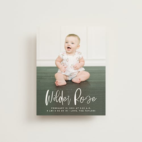 This is a white linen birth announcements with standard by Erica Krystek called whimsical name printing on signature80 in booklette