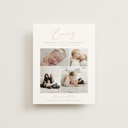 This is a blush birth announcements with standard by Sarah Brown called namely printing on signature80 in booklette
