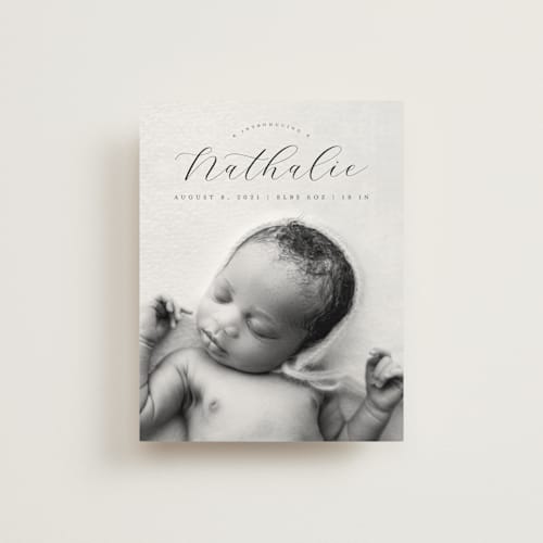 This is a pavement birth announcements with standard by Snow and Ivy called dainty printing on signature80 in booklette