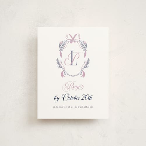 This is a lavender reception cards with standard by letterfix called monogram crest printing on signature in standard