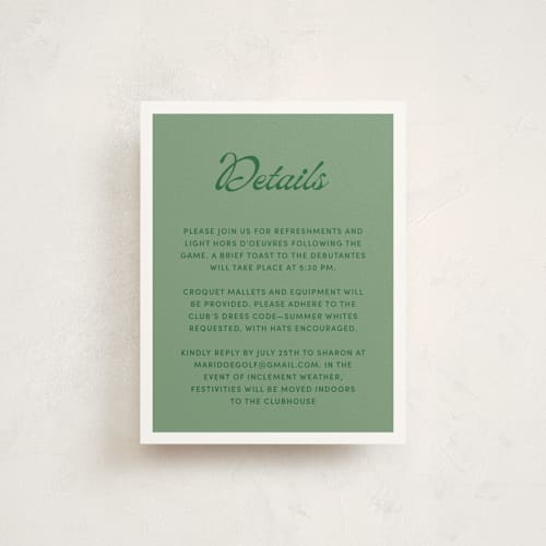 This is a green lawn reception cards with standard by Inkblot Design called argyle printing on signature in standard