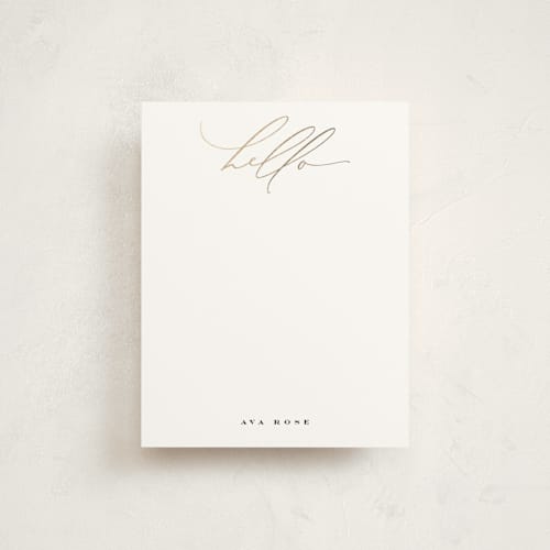 This is a golden foil stamped stationery with foil pressed by Nicoletta Savod called chic hello printing on signature in 4.25x5.5
