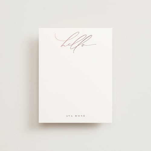 This is a blush foil stamped stationery with foil pressed by Nicoletta Savod called chic hello printing on signature in 4.25x5.5
