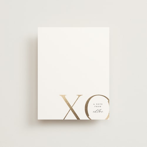 This is a silk foil stamped stationery with foil pressed by Christie Garcia called xo printing on signature in 4.25x5.5