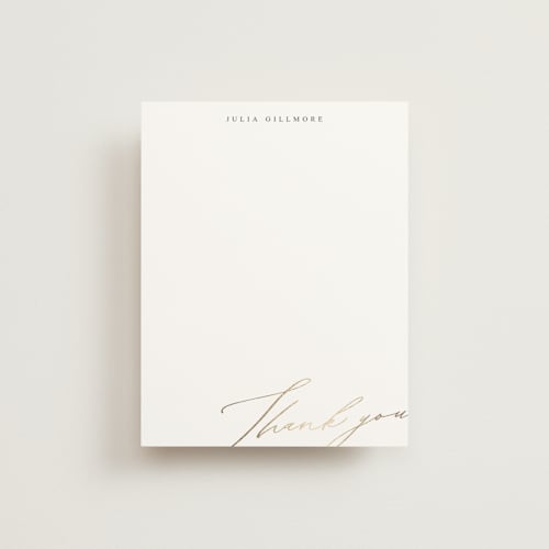 This is a pearl foil stamped stationery with foil pressed by Iveta Angelova called manuscript thank you printing on signature in 4.25x5.5
