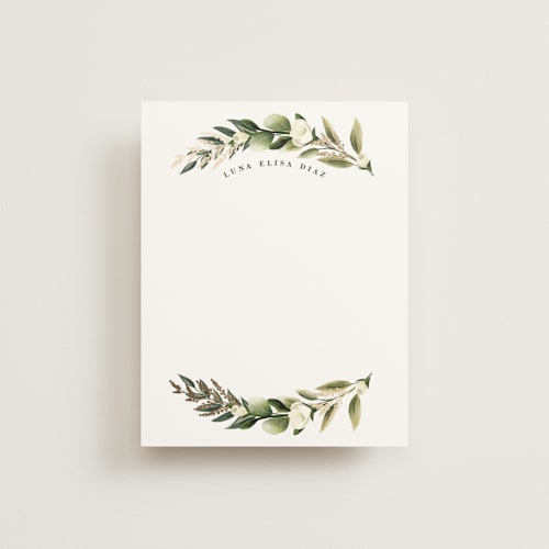 This is a sage foil stamped stationery with foil pressed by Susan Moyal called curved name printing on signature in 4.25x5.5