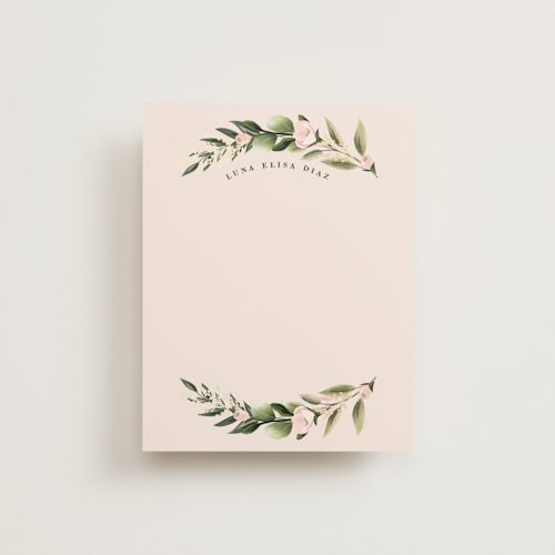 This is a blush foil stamped stationery with foil pressed by Susan Moyal called curved name printing on signature in 4.25x5.5