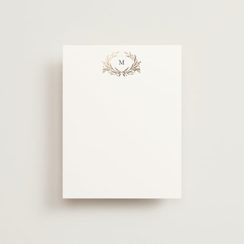 This is a golden foil stamped stationery with foil pressed by Susan Moyal called gilded monogram printing on signature in 4.25x5.5