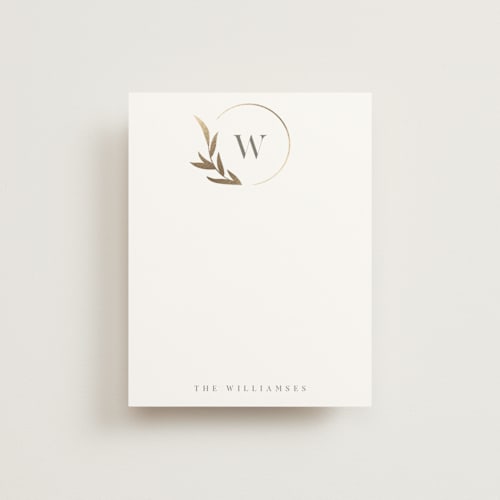 This is a cotton foil stamped stationery with foil pressed by Robert and Stella called leaf monogram printing on signature in 4.25x5.5