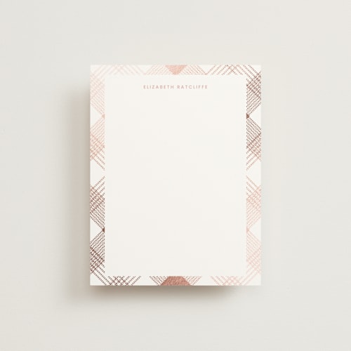 This is a blush foil stamped stationery with foil pressed by Paula Pecevich called stitched plaid printing on signature in 4.25x5.5