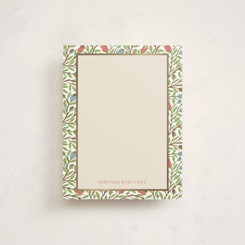 This is a coral foil stamped stationery with foil pressed by Manisha Ayyappath called botanical border with foil printing on signature in 4.25x5.5