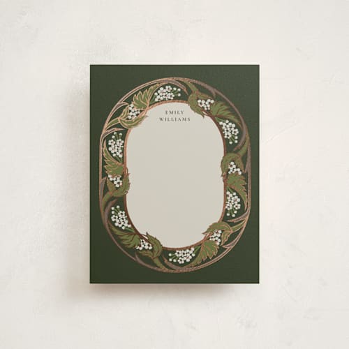 This is a olive foil stamped stationery with foil pressed by Ana de Sousa called love nouveau printing on signature in 4.25x5.5