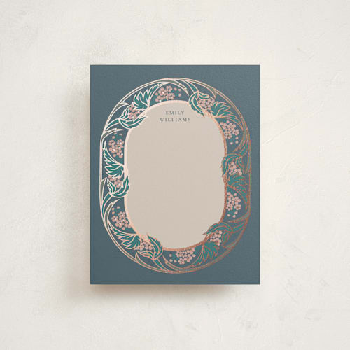 This is a dusty rose foil stamped stationery with foil pressed by Ana de Sousa called love nouveau printing on signature in 4.25x5.5