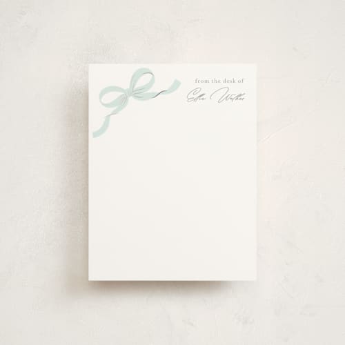This is a robins egg foil stamped stationery with foil pressed by Paper Raven Co. called a little bow printing on signature in 4.25x5.5