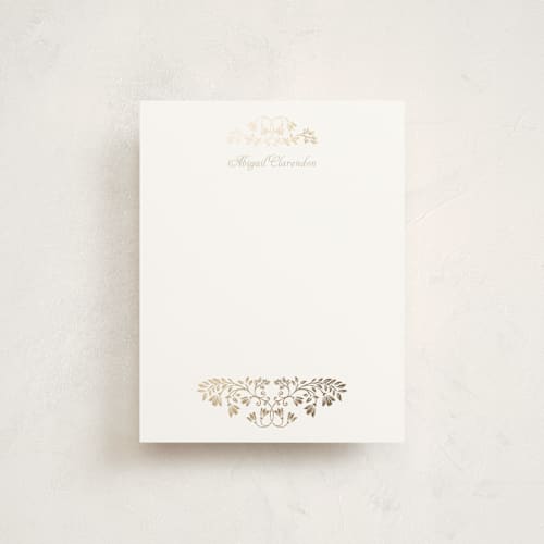 This is a sunrise foil stamped stationery with foil pressed by Anna Black called leafy crest printing on signature in 4.25x5.5
