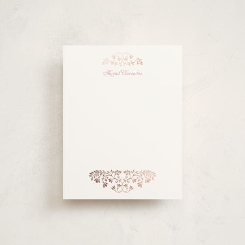 This is a coral foil stamped stationery with foil pressed by Anna Black called leafy crest printing on signature in 4.25x5.5