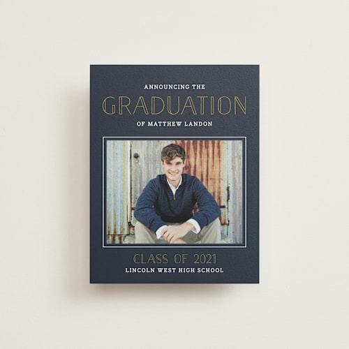 This is a navy graduation announcements with standard by Sarah Brown called grad grid printing on signature80 in booklette