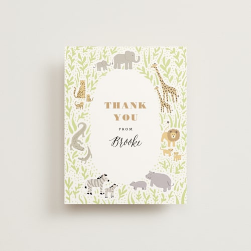 This is a sage wedding thank you cards with standard by Jennifer Wick called savannah animals printing on signature in standard