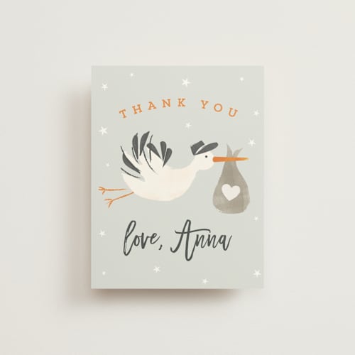 This is a moon wedding thank you cards with standard by Chryssi Tsoupanarias called stork delivery printing on signature in standard