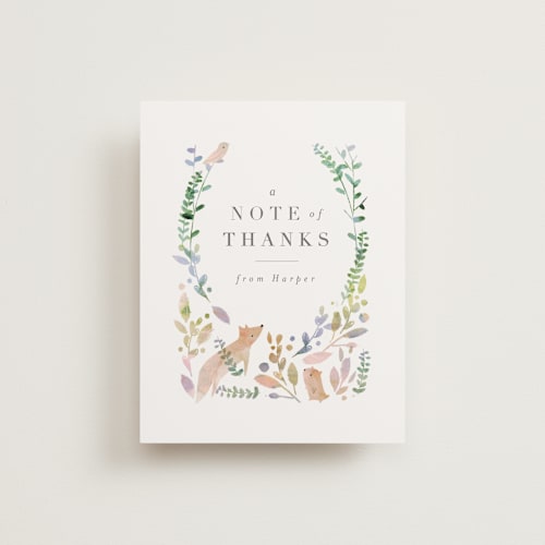 This is a forest wedding thank you cards with standard by Lori Wemple called woodland printing on signature in standard