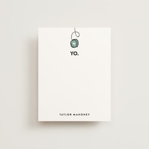 This is a dusty teal kids thank you cards notes with standard by Sarah Curry called yo yo printing on signature in standard