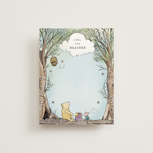 This is a sky blue kids thank you cards notes with standard by Becky Nimoy called disney's winnie the pooh in the wood printing on signature in standard