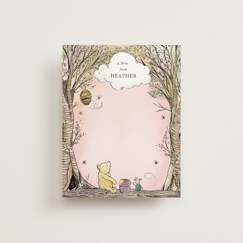 This is a petal pink kids thank you cards notes with standard by Becky Nimoy called disney's winnie the pooh in the wood printing on signature in standard