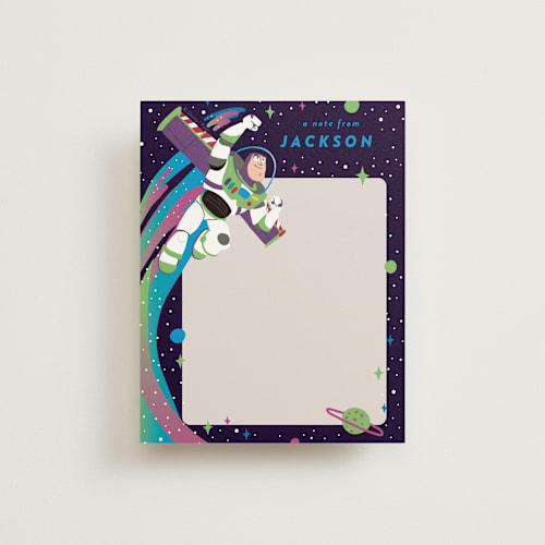 This is a night sky kids thank you cards notes with standard by Katie Zimpel called disney and pixar birthday buzz printing on signature in standard