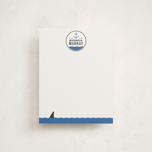 This is a deep blue kids thank you cards notes with standard by Adam Lorber called beware of the shark printing on signature in standard