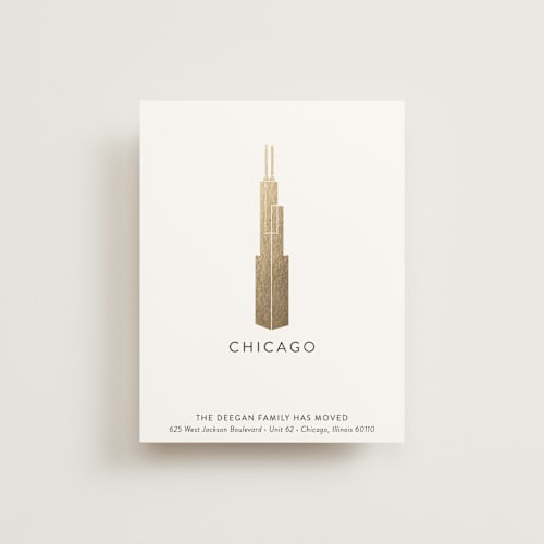 This is a gold moving announcements with foil pressed by Erin Deegan called landmark chicago printing on signature in standard