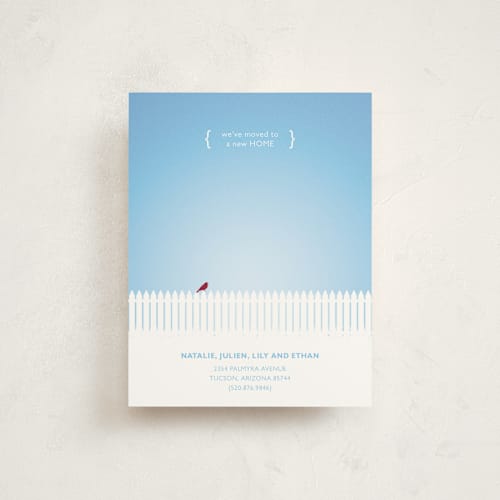This is a white moving announcements with standard by Molly Lasee called picket fence printing on signature in standard