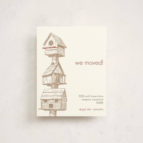 This is a chocolate moving announcements with standard by Three Kisses Studio called birdhouses printing on signature in standard