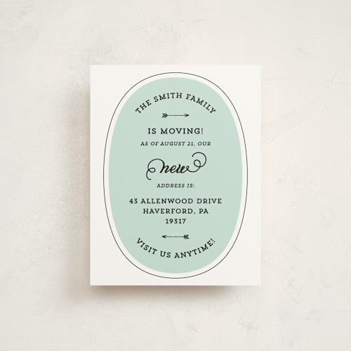 This is a sky blue moving announcements with standard by Katherine Moynagh called knock on our door printing on signature in standard