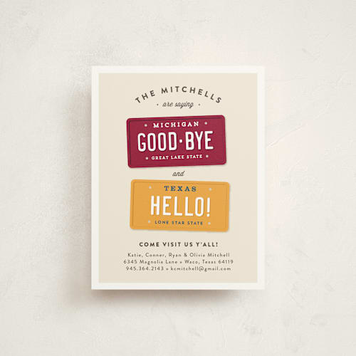 This is a maroon moving announcements with standard by Jennifer Wick called new plates printing on signature in standard