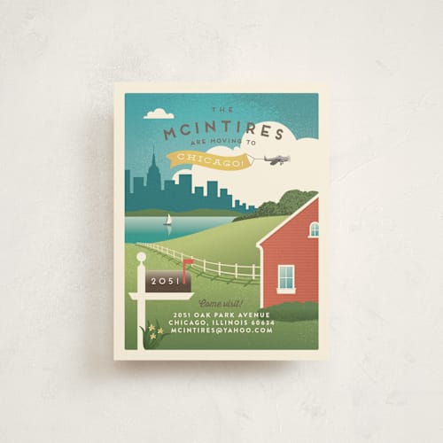 This is a red barn moving announcements with standard by Jennifer Wick called vintage journey printing on signature in standard