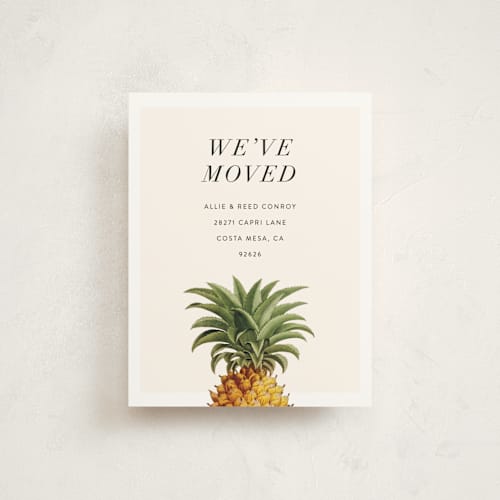 This is a pineapple moving announcements by Erin Hodges called party in paradise printing on signature in standard