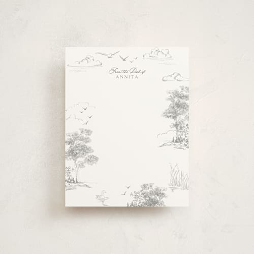 This is a stone personalized stationery thank you cards with standard by Lucrecia Caporale called lake side toile printing on signature in 4.25x5.5