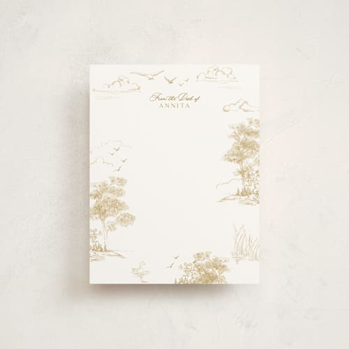 This is a seashell personalized stationery thank you cards with standard by Lucrecia Caporale called lake side toile printing on signature in 4.25x5.5