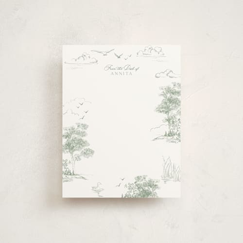 This is a sage personalized stationery thank you cards with standard by Lucrecia Caporale called lake side toile printing on signature in 4.25x5.5